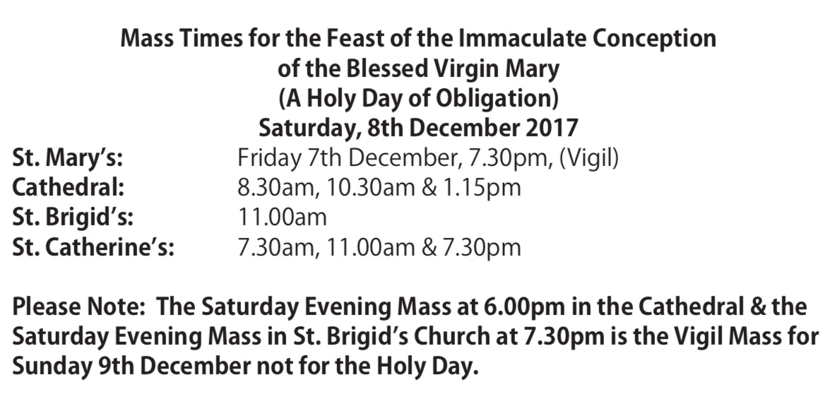 Mass Times for the Feast of the Immaculate Conception Newry Cathedral Parish